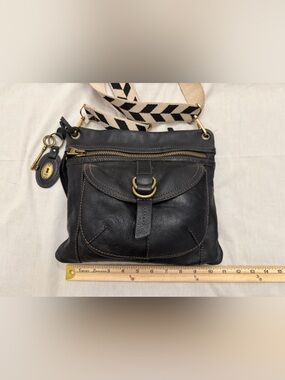 Fossil Black Leather Crossbody with Patterned Canvas Strap